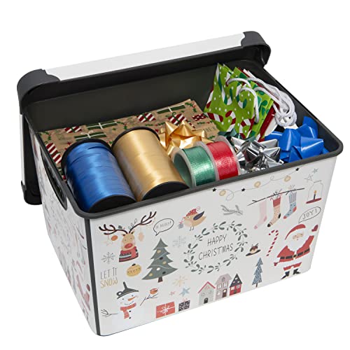 Simplify “Happy Christmas” Design Storage Bin | Christmas Tote | Holiday Décor Decorations Organizer | Lidded | Stackable | White