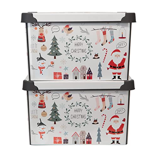 Simplify “Happy Christmas” Design Storage Bin | Christmas Tote | Holiday Décor Decorations Organizer | Lidded | Stackable | White