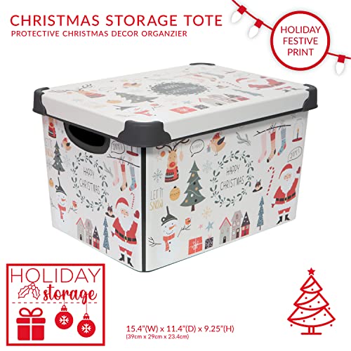 Simplify “Happy Christmas” Design Storage Bin | Christmas Tote | Holiday Décor Decorations Organizer | Lidded | Stackable | White