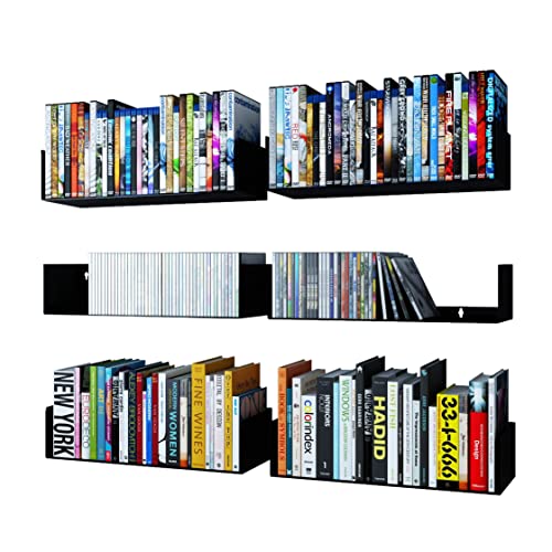 Wallniture Bali Black U Shape Floating Shelves for Wall, CD DVD Storage Shelves and Metal Bookshelf Set of 6