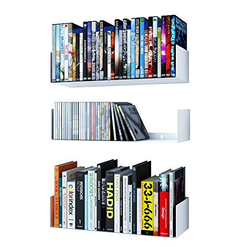 Wallniture Bali White Floating Shelves for Wall, CD DVD Storage Shelves and Metal Bookshelf Set of 3
