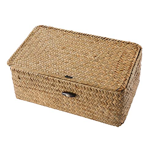 Vosarea Rattan Storage Basket Makeup Organizer Multipurpose Container with Lid 23x13x8cm(S)