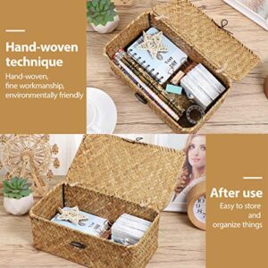 Vosarea Rattan Storage Basket Makeup Organizer Multipurpose Container with Lid 23x13x8cm(S)