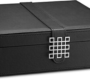 Glenor Co 12 Section Necklace Organizer - Large Mirror - 2 Trays - PU Leather - Black - Classic Jewelry Box - Modern Buckle Closure - Fits Necklace & Bracelet - Jewelry Holder for Women Teens & Girls