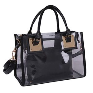 rullar women 2pcs small clear tote set beach shoulder top-handle bag pvc transparent satchel handbag purse black