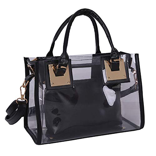 Rullar Women 2Pcs Small Clear Tote Set Beach Shoulder Top-handle Bag PVC Transparent Satchel Handbag Purse Black