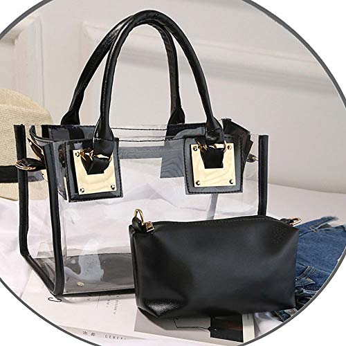 Rullar Women 2Pcs Small Clear Tote Set Beach Shoulder Top-handle Bag PVC Transparent Satchel Handbag Purse Black