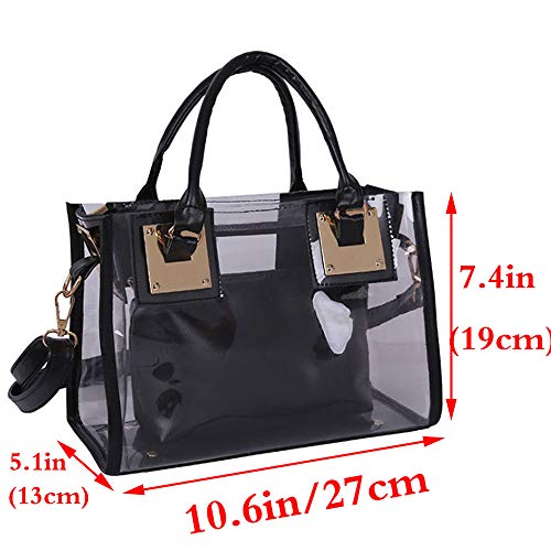 Rullar Women 2Pcs Small Clear Tote Set Beach Shoulder Top-handle Bag PVC Transparent Satchel Handbag Purse Black