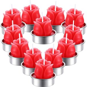 tecunite 12 pieces rose tealight candles handmade delicate rose flower candles for valentine’s day party wedding spa home decoration gifts (red)
