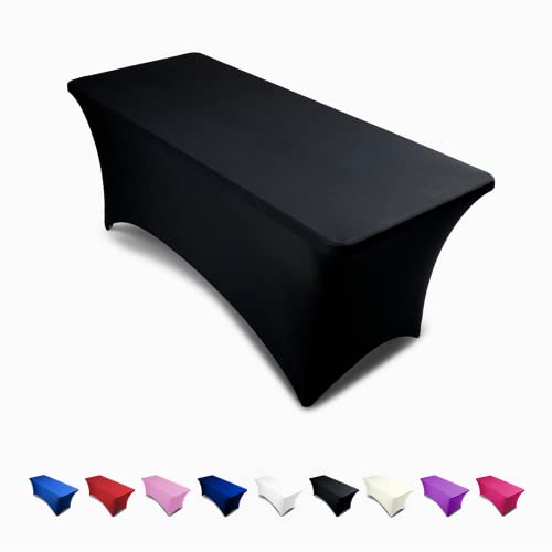 Black 6ft Tablecloth Rectangular Spandex Linen - Table Cloth Fitted Cover for 6 Foot Folding Table, Wedding Linens Banquet Cloths Rectangle Covers