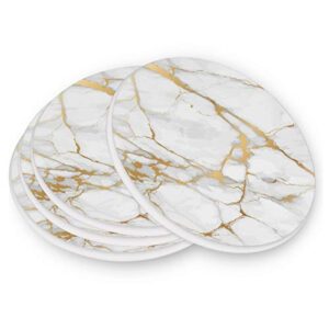 STAYTOP Marble Absorbent Coasters for Drinks, White Gold Marble Texture Tabletop Protection Mat, Round Ceramic Stone Coaster with Cork Base, No Holder, 1 Pieces