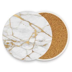 STAYTOP Marble Absorbent Coasters for Drinks, White Gold Marble Texture Tabletop Protection Mat, Round Ceramic Stone Coaster with Cork Base, No Holder, 1 Pieces