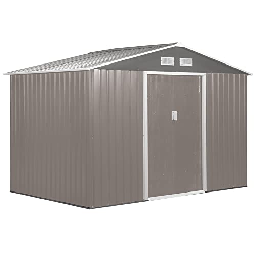 Outsunny 9' x 6' Metal Storage Shed Garden Tool House with Double Sliding Doors, 4 Air Vents for Backyard, Patio, Lawn Grey