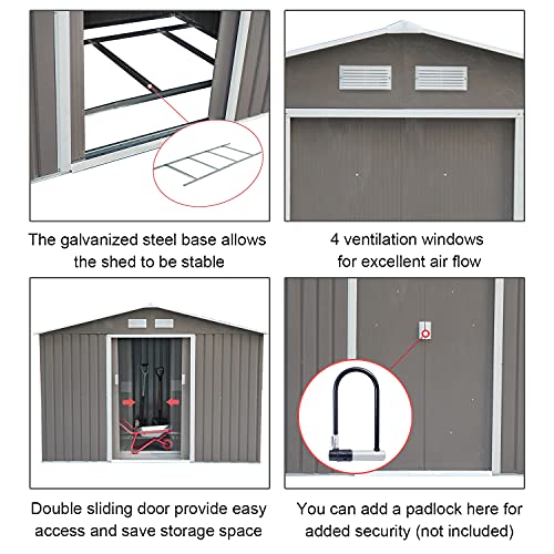 Outsunny 9' x 6' Metal Storage Shed Garden Tool House with Double Sliding Doors, 4 Air Vents for Backyard, Patio, Lawn Grey