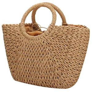 women summer beach bag, straw handbag top handle big capacity travel tote purse hand woven straw large hobo bag (brown)