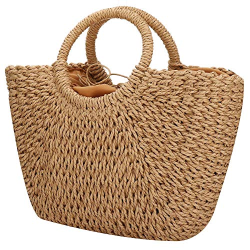 Women Summer Beach Bag, Straw Handbag Top Handle Big Capacity Travel Tote Purse Hand Woven Straw Large Hobo Bag (Brown)