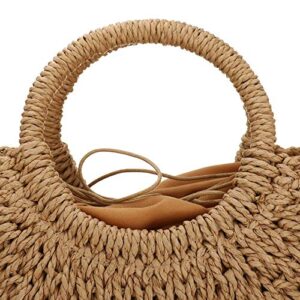 Women Summer Beach Bag, Straw Handbag Top Handle Big Capacity Travel Tote Purse Hand Woven Straw Large Hobo Bag (Brown)