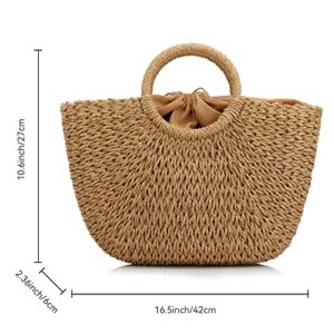 Women Summer Beach Bag, Straw Handbag Top Handle Big Capacity Travel Tote Purse Hand Woven Straw Large Hobo Bag (Brown)