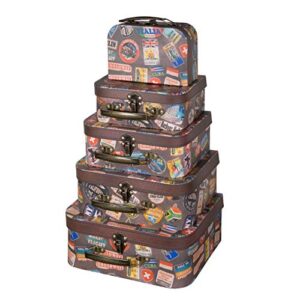 paperboard suitcases with hinged lids and handles – set of 5 – decorative luggage box, vintage photo prop, paper mache nesting storage – decor for wedding & travel themed party