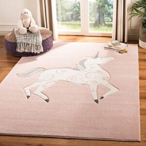 safavieh carousel kids collection 5’3″ square pink / ivory crk163p unicorn nursery playroom area rug