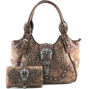 justin west western studded rhinestone buckle laser cut studded shoulder tote handbag purse wristlet wallet (brown purse and wallet set)
