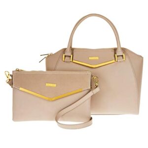 joy & iman couture leather satchel & crossbody with velvet detail – stone taupe