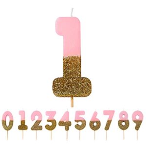 talking tables pink number 1 candle with gold glitter premium quality cake topper decoration for kids, adults, teenagers, 1st birthday party, anniversary, milestone age, 3″