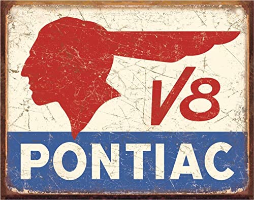 Desperate Enterprises Pontiac V8 Tin Sign - Nostalgic Vintage Metal Wall Décor - Made in USA