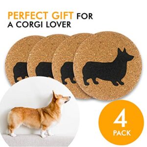 Corgi Dog Gift Cork 4 Pack Drink Coasters Set - Kitchen Bar Table Decor - Perfect Decoration for Puppy Dog Lovers