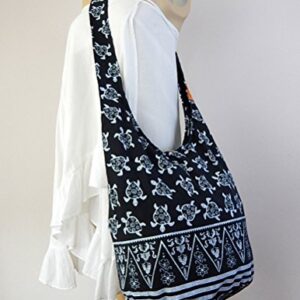 BTP! Turtle Sling Crossbody Shoulder Bag Purse Hippie Hobo Thai Cotton Gypsy Bohemian Large (Black OW1)