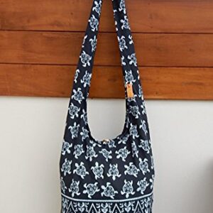 BTP! Turtle Sling Crossbody Shoulder Bag Purse Hippie Hobo Thai Cotton Gypsy Bohemian Large (Black OW1)