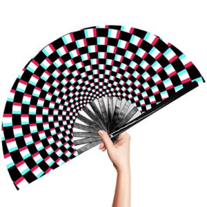 omytea large rave clack folding hand fan for men/women – chinese japanese bamboo handheld fan – for edm, music festival, club, event, party, dance, performance, decoration, gift (illusion checkered)
