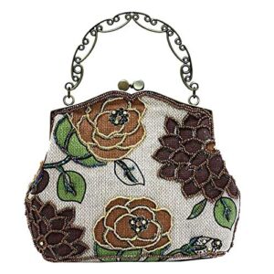 ilishop women’s vintage luxury printing beaded women handbag evening bag (coffee)