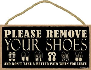 sjt enterprises, inc. please remove your shoes sign – funny shoes off sign for front door home – 5″ x 10″ wood welcome sign plaque (sjt94375)