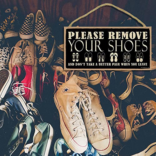 SJT ENTERPRISES, INC. Please Remove Your Shoes Sign - Funny Shoes Off Sign for Front Door Home - 5" x 10" Wood Welcome Sign Plaque (SJT94375)