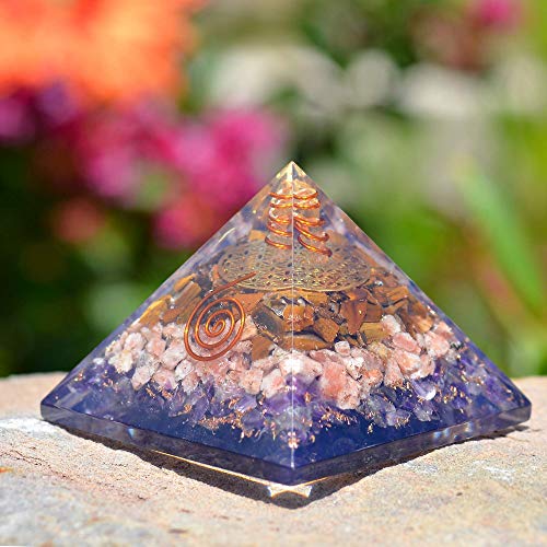 Orgonite Crystal Ultimate Triple Pyramid with Tiger Eye, Sunstone and Amethyst Healing Crystals