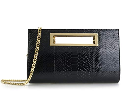 HOXIS Classic Crocodile Pattern Faux Patent Leather Metal Grip Cut it out Clutch with Shoulder Strap Womens Handbag(Black)