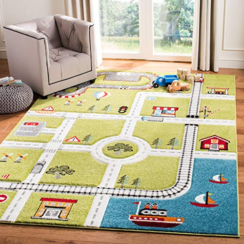 SAFAVIEH Carousel Kids Collection 5'3" x 7'6" Green / Ivory CRK192Y Neighborhood Nursery Playroom Area Rug