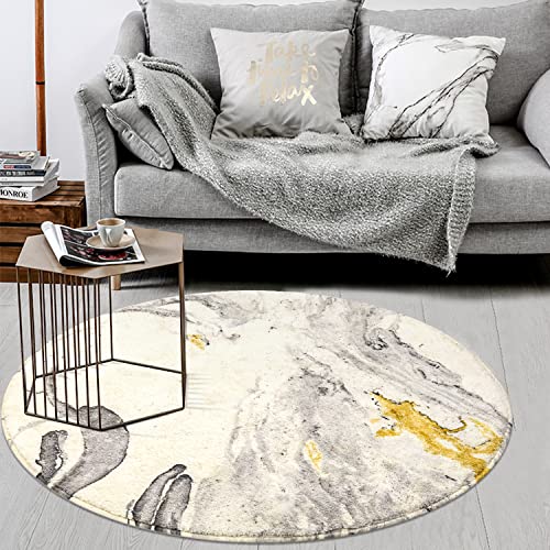 HAOCOO Round Area Rugs 3' Diameter Modern Abstract Beige Marble Throw Rugs Super Soft Velvet Non-Slip Chic Distressed Accent Floor Carpet for Bedroom Living Room Nursery Decor