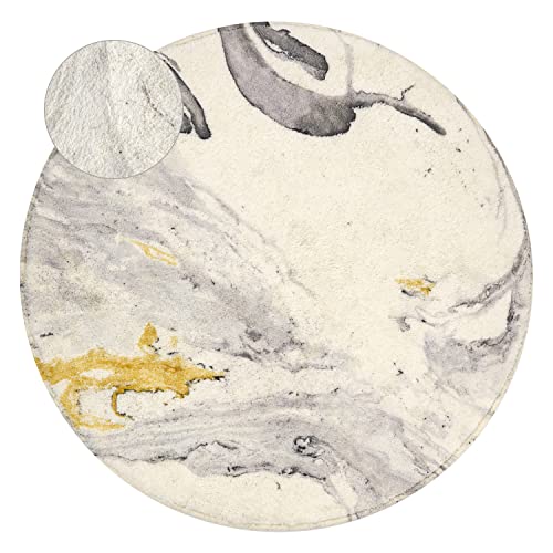 HAOCOO Round Area Rugs 3' Diameter Modern Abstract Beige Marble Throw Rugs Super Soft Velvet Non-Slip Chic Distressed Accent Floor Carpet for Bedroom Living Room Nursery Decor