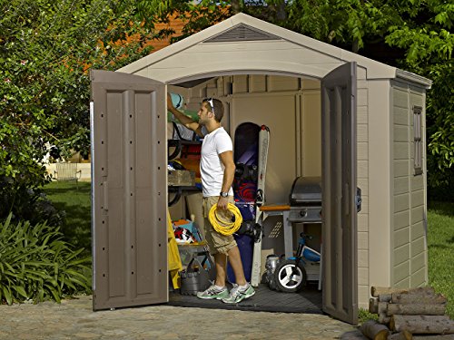 Keter Factor 8x6 Large Resin Outdoor Shed for Patio Furniture, Lawn Mower, and Bike Storage, Taupe/Brown