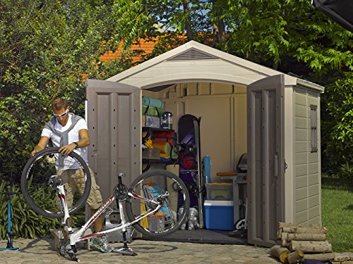 Keter Factor 8x6 Large Resin Outdoor Shed for Patio Furniture, Lawn Mower, and Bike Storage, Taupe/Brown