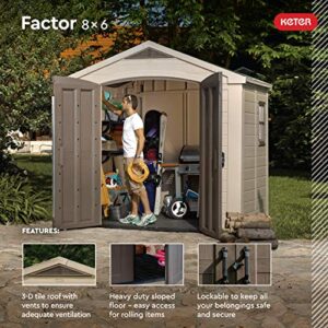 Keter Factor 8x6 Large Resin Outdoor Shed for Patio Furniture, Lawn Mower, and Bike Storage, Taupe/Brown