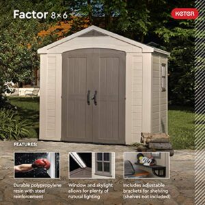 Keter Factor 8x6 Large Resin Outdoor Shed for Patio Furniture, Lawn Mower, and Bike Storage, Taupe/Brown