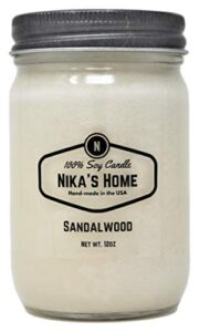 nika’s home sandalwood soy candle 12oz mason jar non-toxic white soy handmade, long burning 50-60 hours highly scented all natural, clean burning large candle gift décor