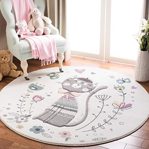 SAFAVIEH Carousel Kids Collection 5'3" Round Ivory / Pink CRK187A Cat Nursery Playroom Area Rug