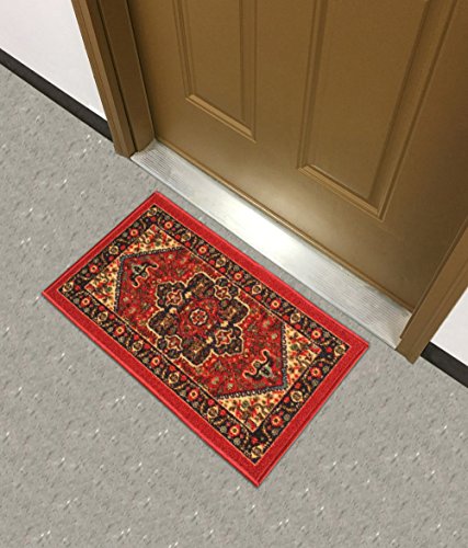 Kapaqua Rubber Backed Mat 18" x 31" Red Persian Medallion Doormat Accent Non-Slip Rug - Rana Collection Kitchen Dining Living Hallway Bathroom Pet Entry Rugs RAN2090-12