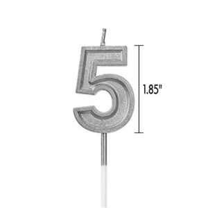 LUTER Silver Glitter Happy Birthday Cake Candles Number Candles Number 5 Birthday Candle Cake Topper Decoration for Party Kids Adults (Number 5)