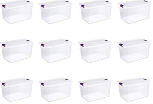 sterilite 17571706 66-quart clearview latch box storage tote container with purple handles for home or office organization, 12 pack