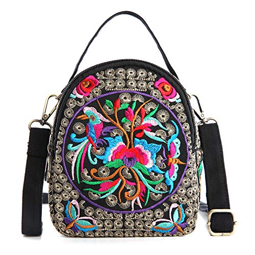 Embroidery Canvas Shoulder Bag Women Vintage Boho Mini Crossbody Bag Handbag Cell Phone Pouch (Red)